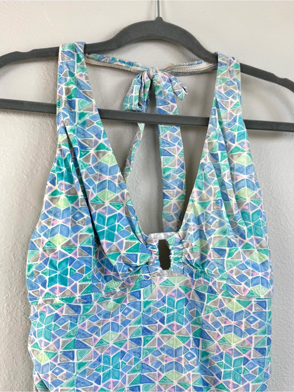 Helen Jon Women’s L Halter Neck Ruched Tankini Top Swimsuit Geometric Print Blue - Picture 2 of 10